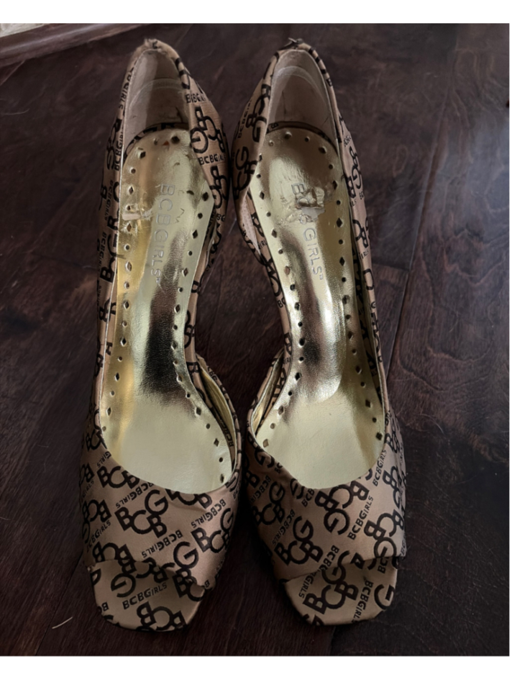 BCBGirls Y2K Monogram Peep Toe Stiletto Heels Size 7.5